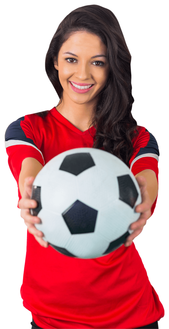 Smiling Female Football Fan Holding Ball on Transparent Background