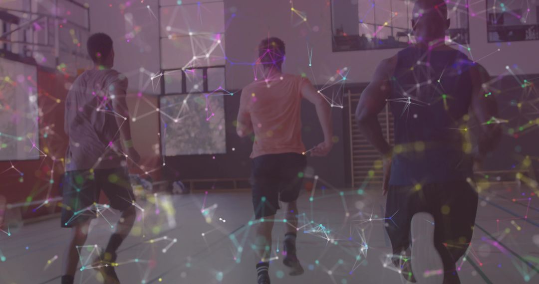Teammates Running in Gym Enhanced by Digital Network Overlay