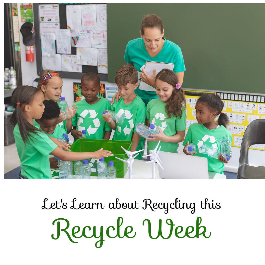 Female teacher teaching recycling to multiracial students in classroom, recycle week text - Download Free Stock Templates Pikwizard.com