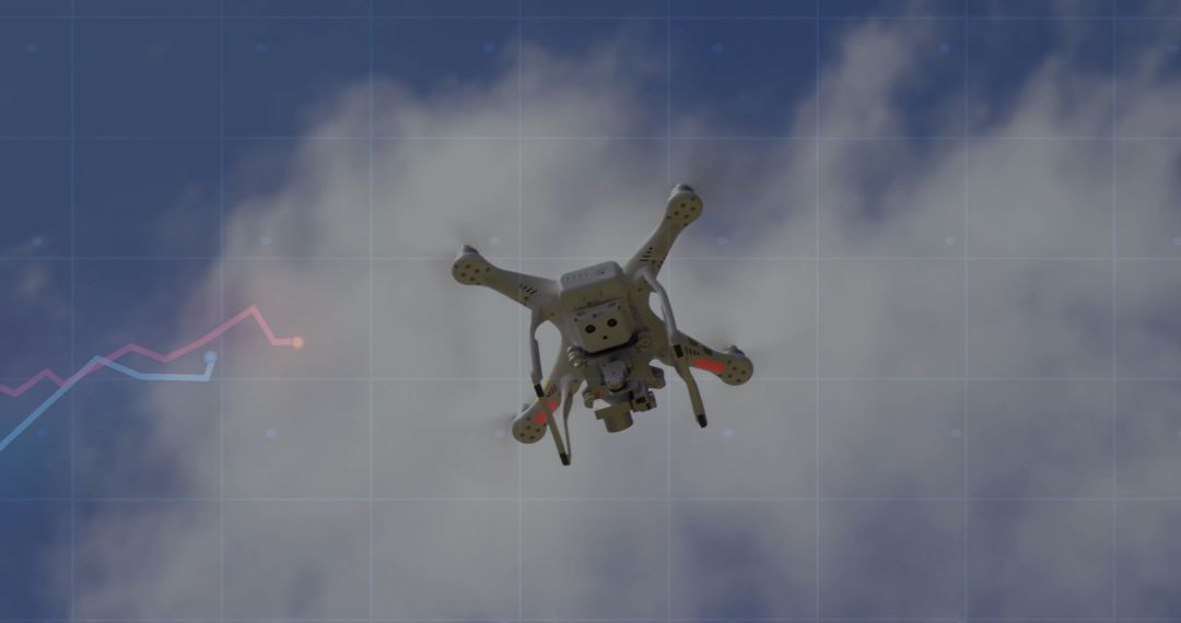 Quadcopter Drone Hovers Against Dynamic Sky and Grid Overlay