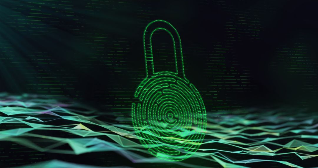 Glowing Digital Security Padlock on Green Plexus Network