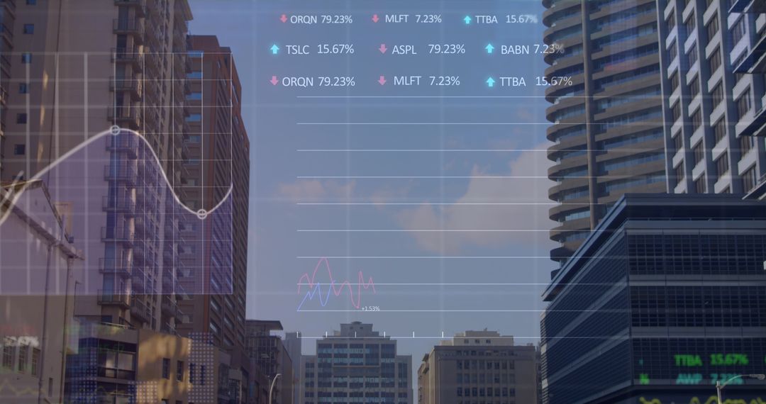 Financial Graphs Overlayed on Modern Cityscape