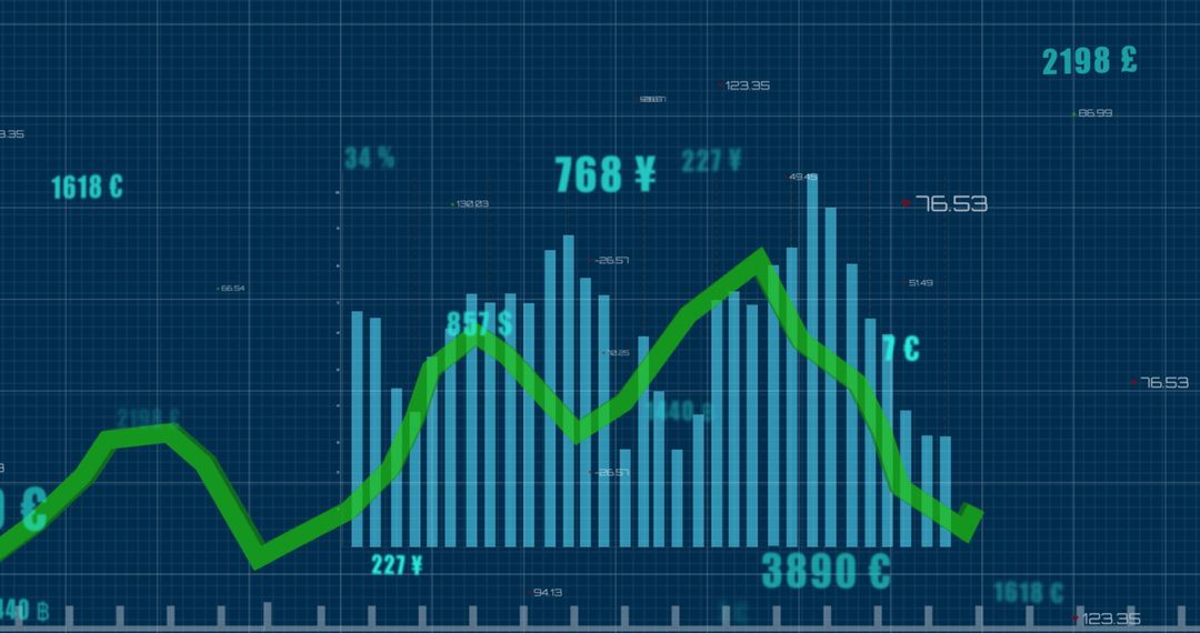 Digital Financial Chart and Global Currency Symbols on Blue Background