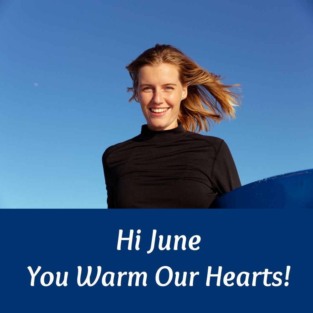 Smiling Woman with Surfboard and Inspirational Quote