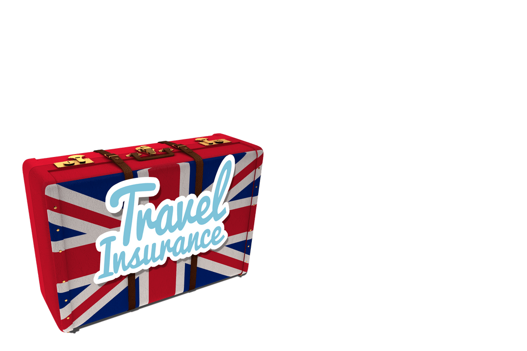 Travel Insurance Text on British Flag Suitcase Displayed on Transparent Background