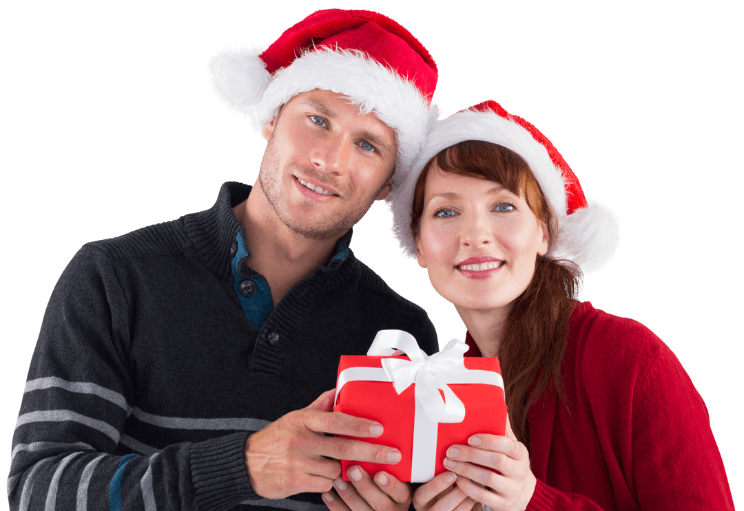 Smiling Couple in Christmas Hats Holding Gift Box Transparent Background