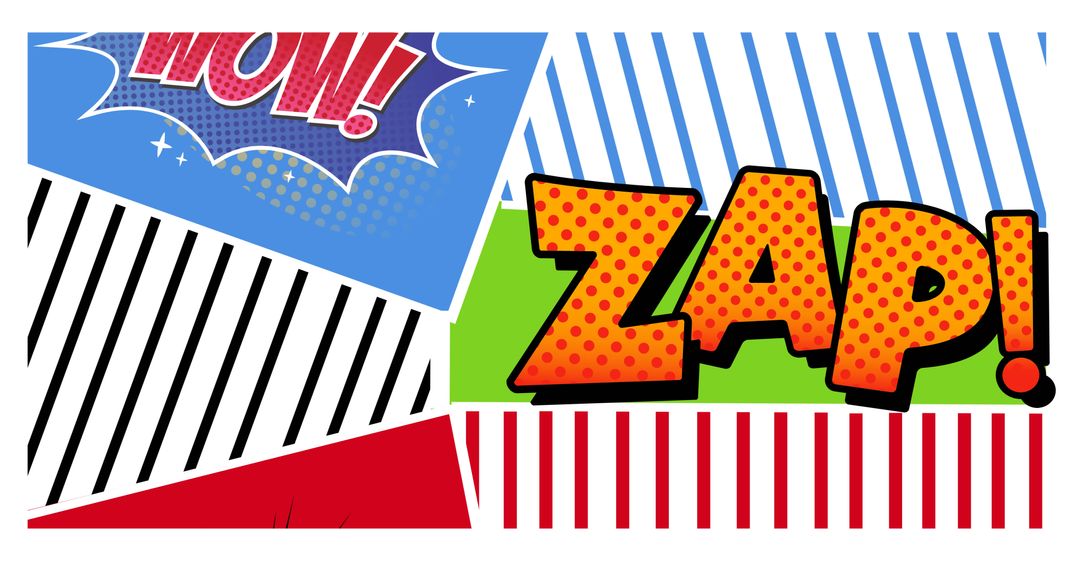 Vibrant Comic Style Words with Dynamic Patterns on White