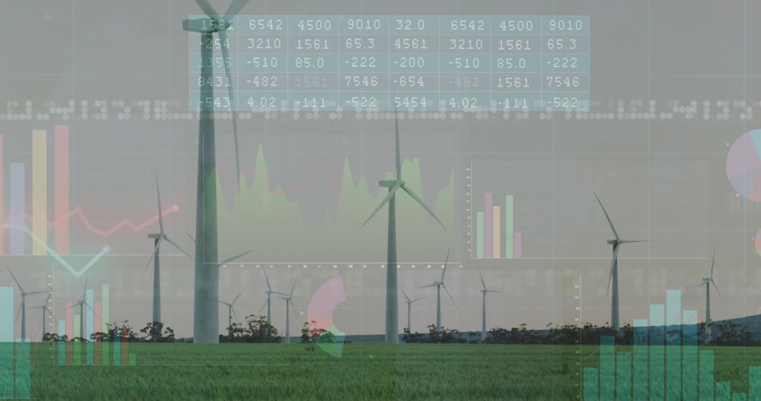 Wind Turbines Rotating Over Green Field with Renewable Energy Data Overlays and Charts
