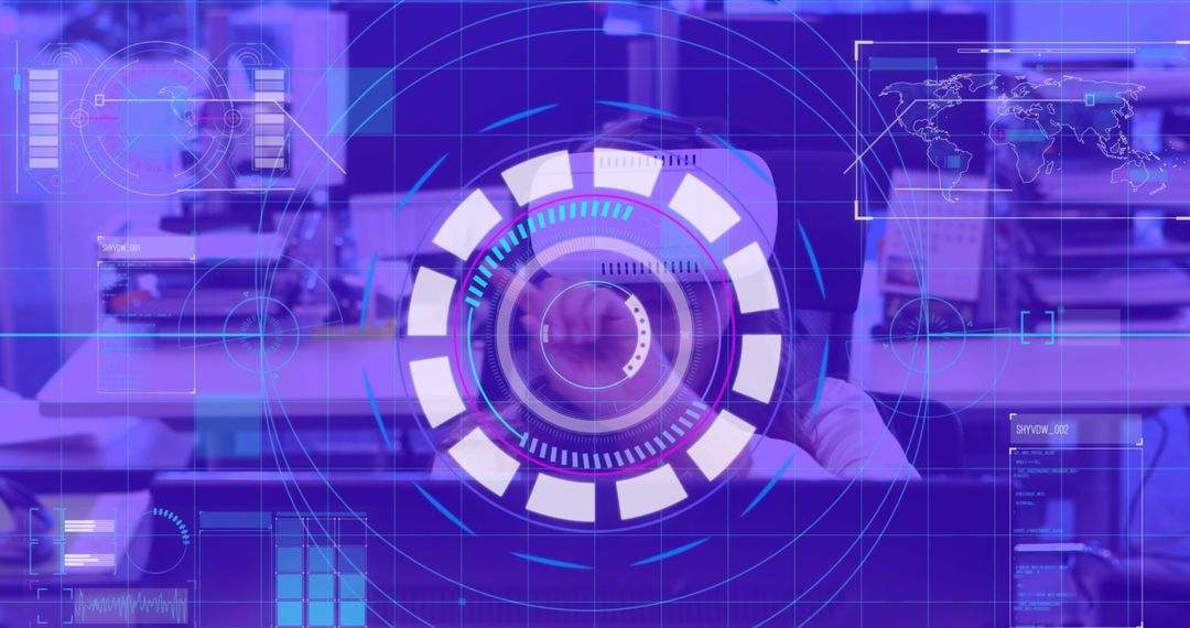 Woman Experiencing Virtual Reality with HUD Interface Overlay