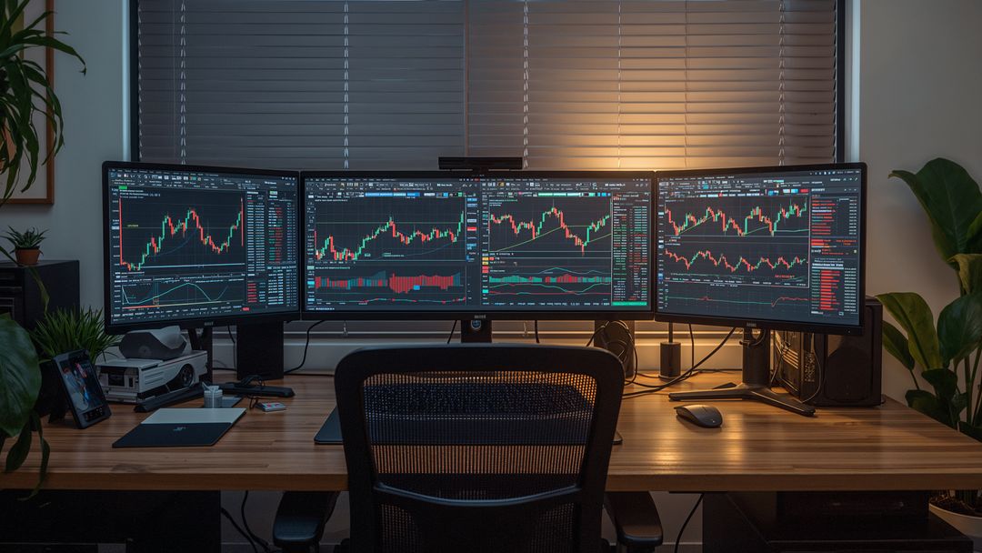 Modern Trading Workspace with Multiple Monitors in Home Office Setting