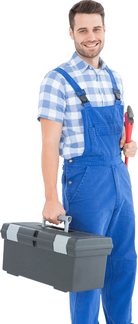 Smiling Repairman with Toolbox on Transparent Background