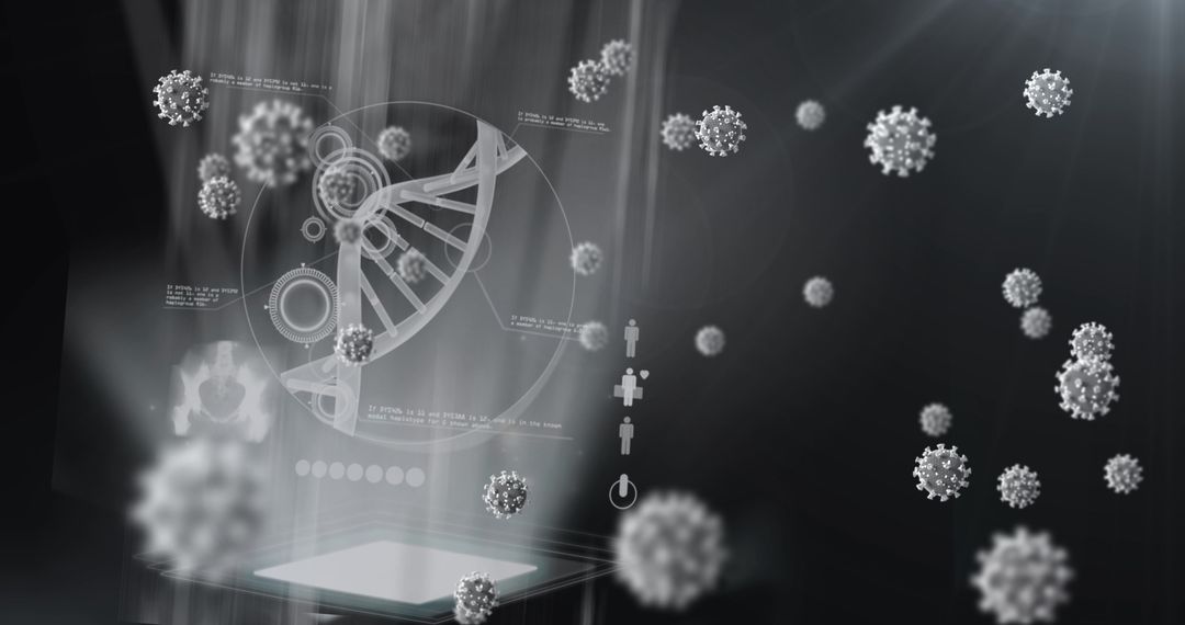 Virus Cells Floating Over Digital DNA Strand in Futuristic Interface