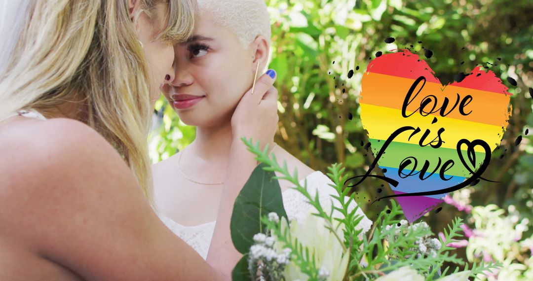 LGBTQ+ Couple Embracing with Love is Love Rainbow Heart