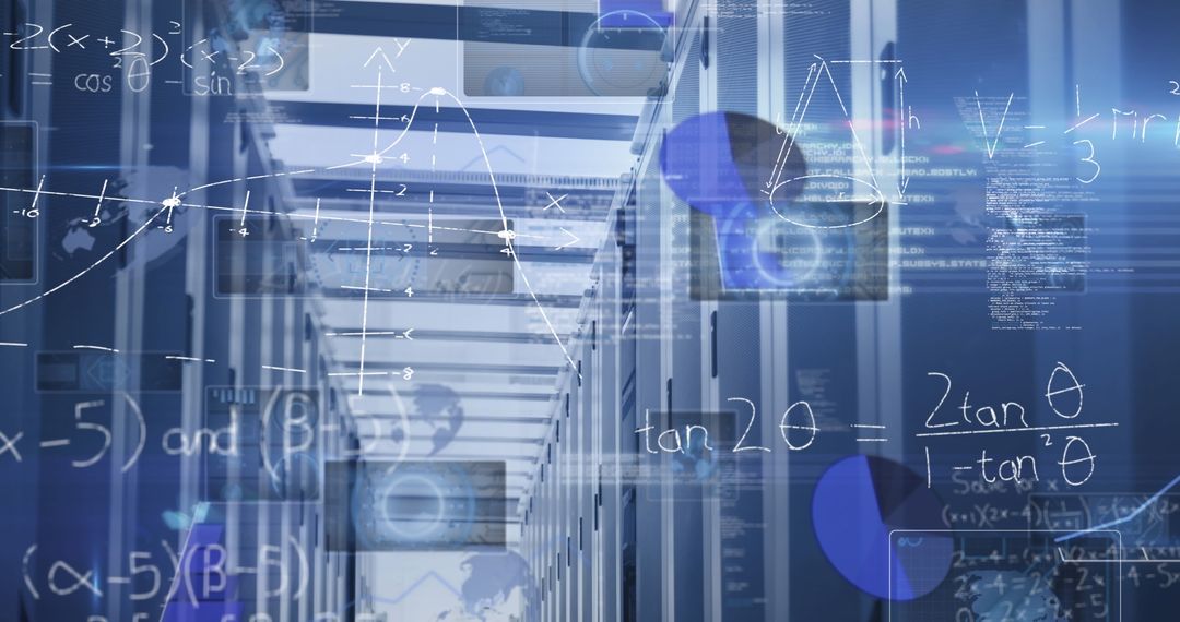 Data Center Aisle with Digital Computations over Server Racks