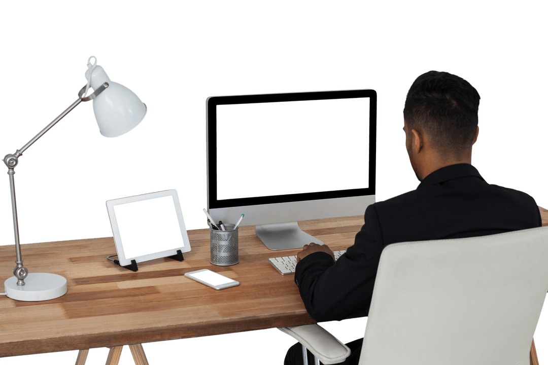 Transparent View of Businessman Working at Modern Desk Setup