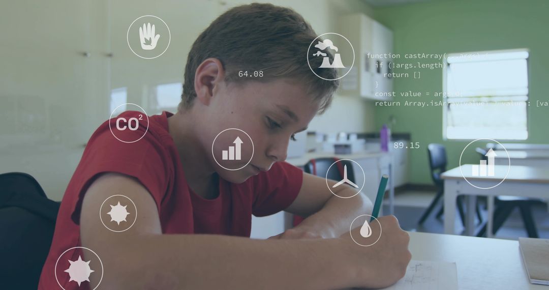 Young student writing in classroom with augmented reality CO2 and energy icons, edtech