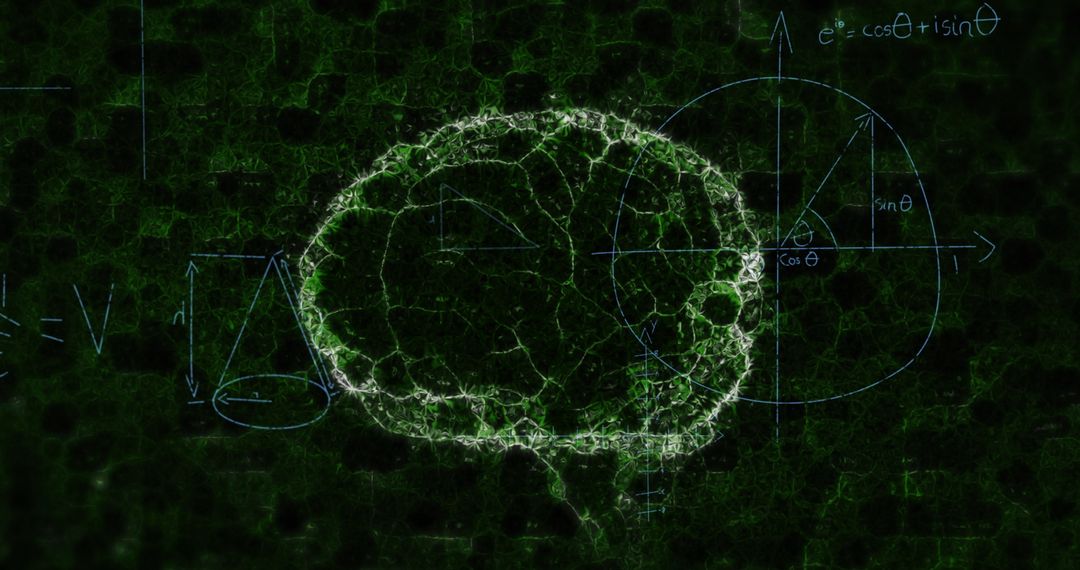 Math Equations Intersecting Digital Brain Model on Black Background