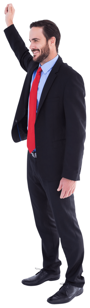 Transparent Businessman in Suit Raising Hand Confidently