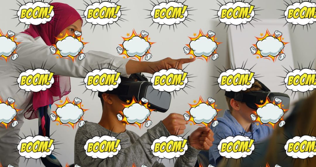 Teacher Assisting Students with VR Headsets for Interactive Learning