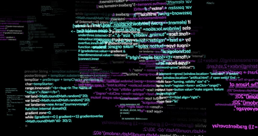 Digital Code Stream with Glowing Text on Dark Background