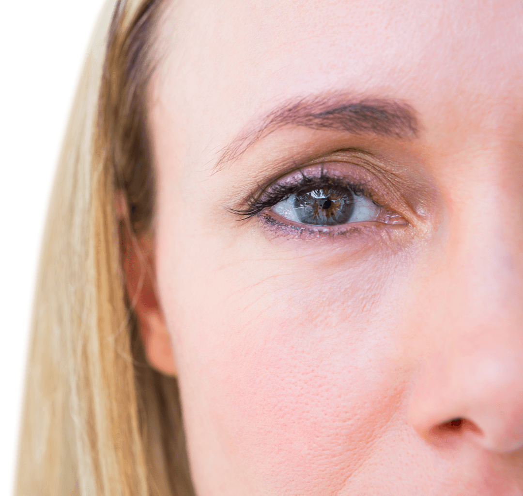 Transparent Close Up of Blonde Woman's Blue Eye with Make-Up