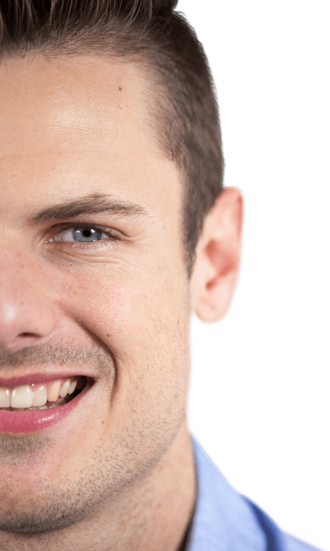 Close-up Transparent Portrait of Smiling Man with Blue Eyes