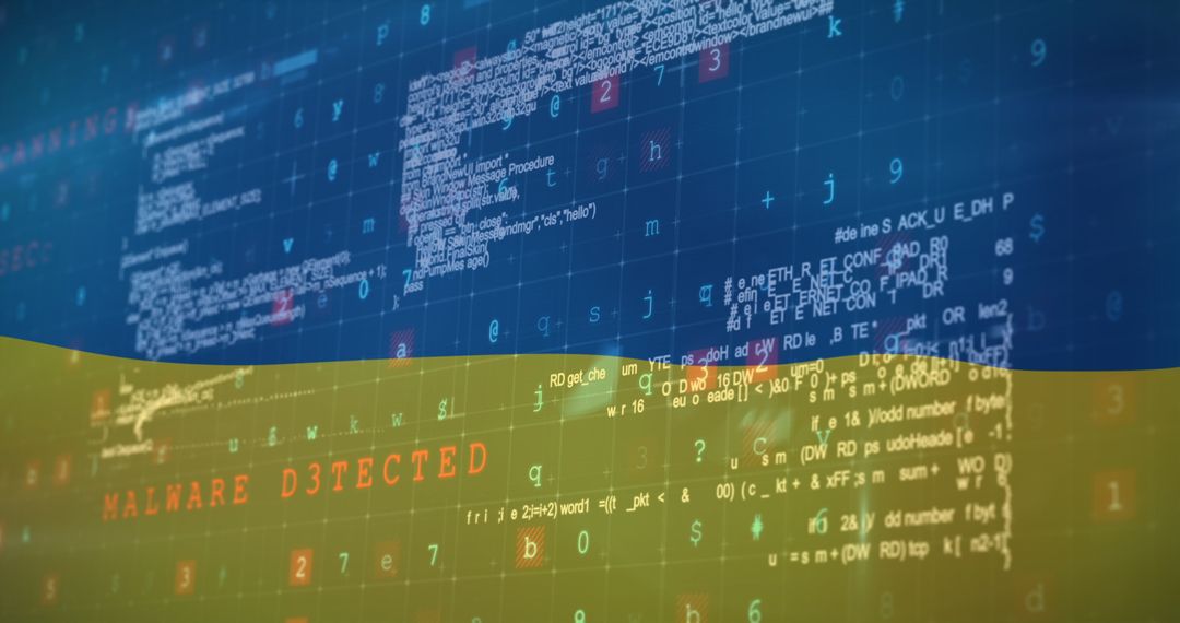 Ukraine Flag with Digital Malware Encryption Overlaid