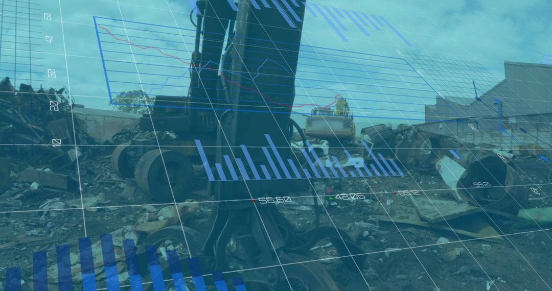 Digital Graphs Overlay on Recycling Yard with Machinery and Scrap