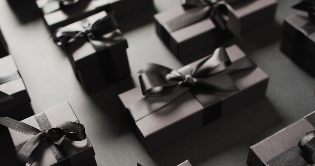 Several Wrapped Black Gift Boxes with Ribbons on Dark Background - Free Images, Stock Photos and Pictures on Pikwizard.com