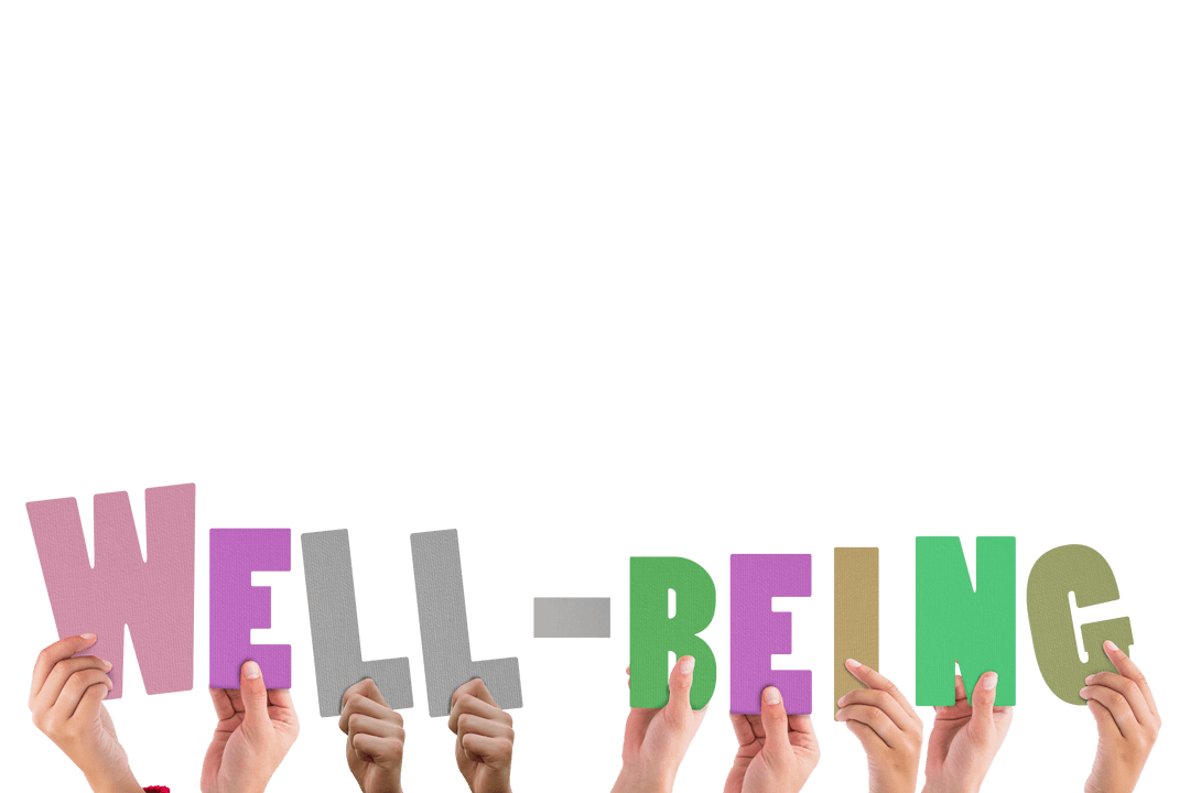 Hands Holding Colorful Well-Being Letters on Transparent Background