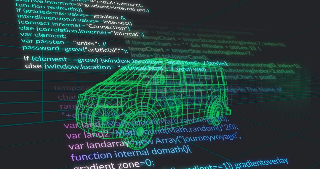Futuristic Wireframe Van Visualization Over Code Interface