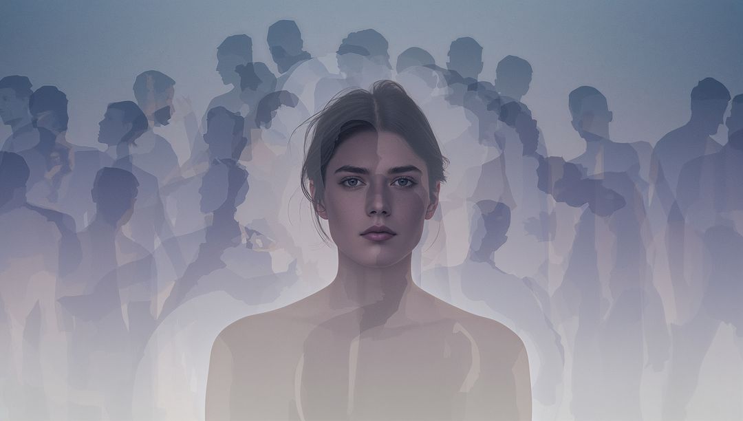Centered woman with translucent crowd silhouettes creating surreal halo of anonymity