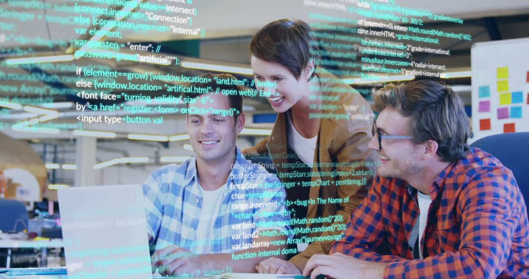 Team Collaboration in Modern Office with Programming Code Overlay