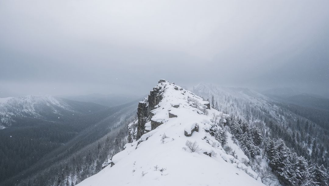 Stretching snow-covered alpine ridge rising above foggy pine forest during falling snow