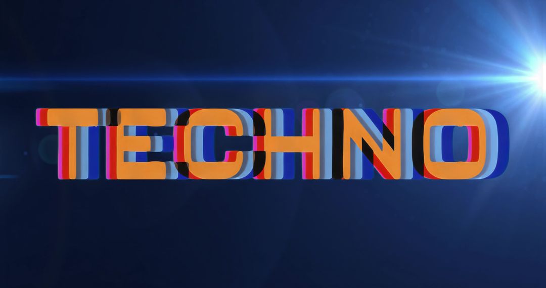Pulsing 3D TECHNO lettering floating on dark blue gradient with lens flare neon glitch