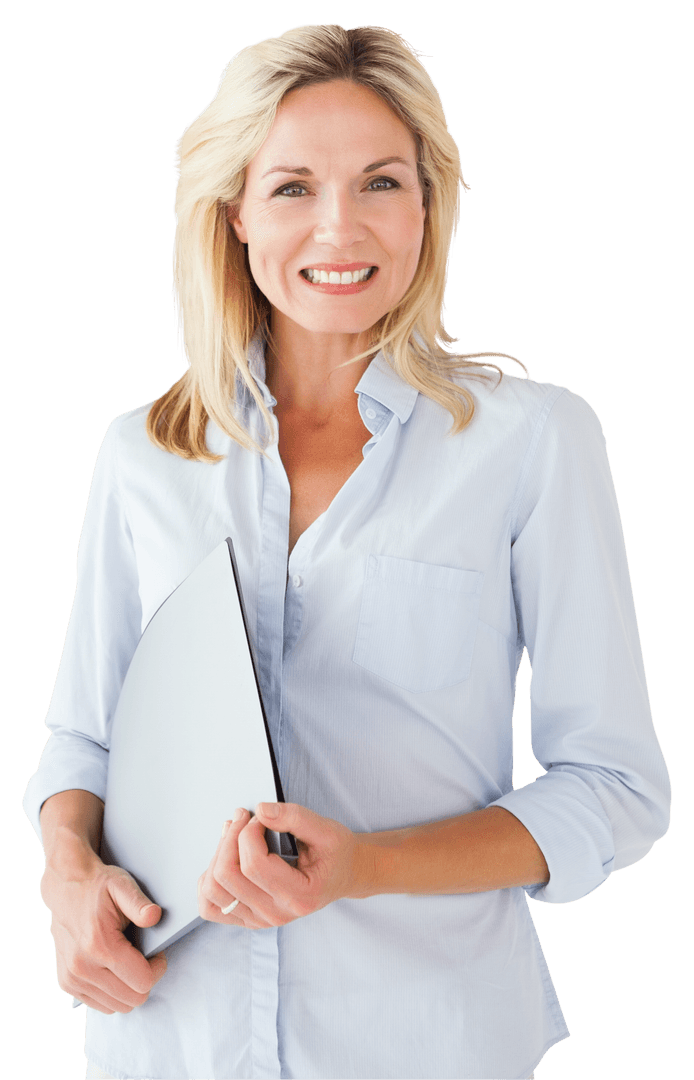 Smiling Businesswoman Holding Documents on Transparent Background