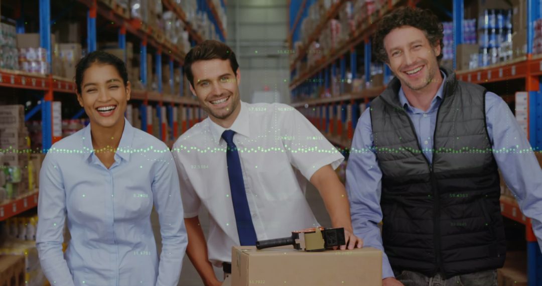 Diverse Team Navigating Warehouse Logistics with Technology