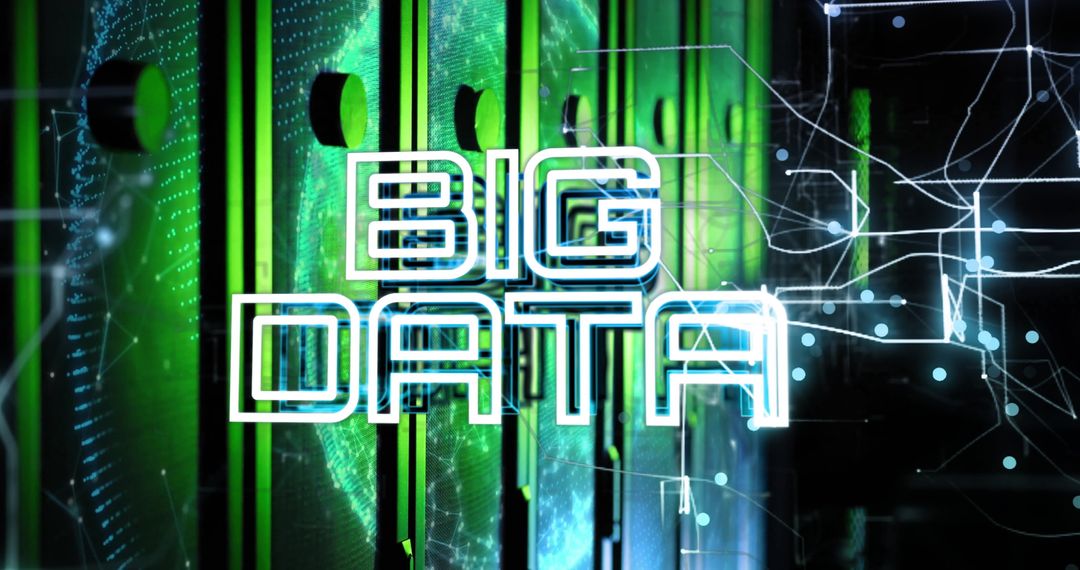 Big Data Text Overlay on Futuristic Server Room with Digital Nodes