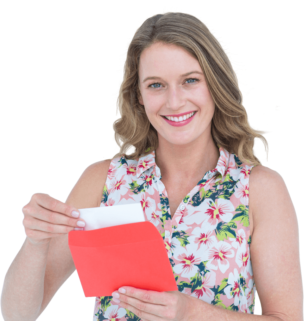 Smiling Woman Holding Letter and Red Envelope on Transparent Background