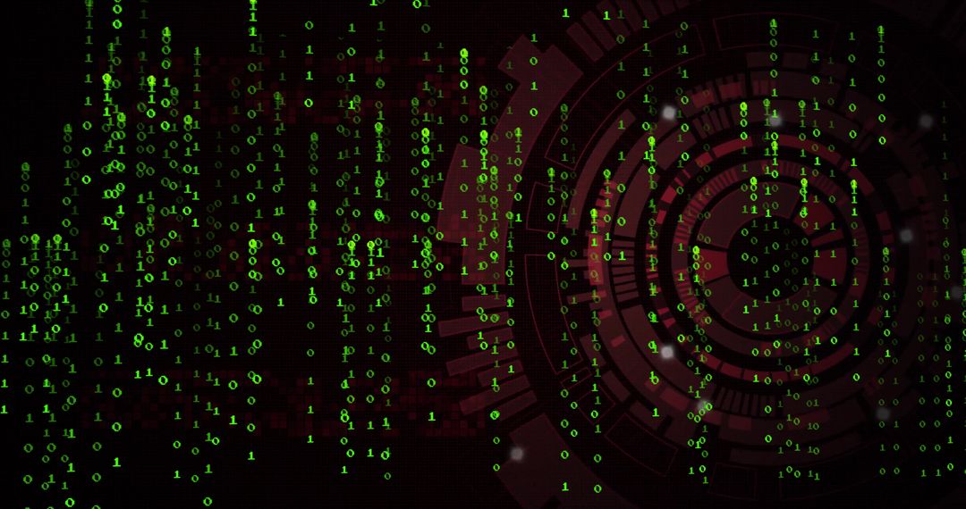 Futuristic Binary Code Matrix in Cyberspace with Red HUD Elements