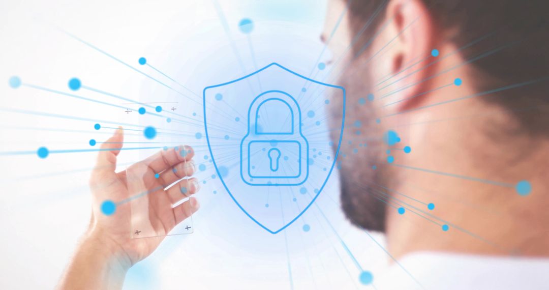 Man Reaching Towards Digital Shield Symbolizing Cybersecurity