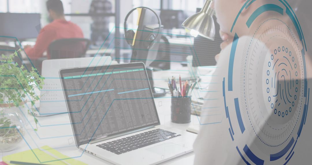Biometric fingerprint security HUD over woman using laptop in open coworking office with code