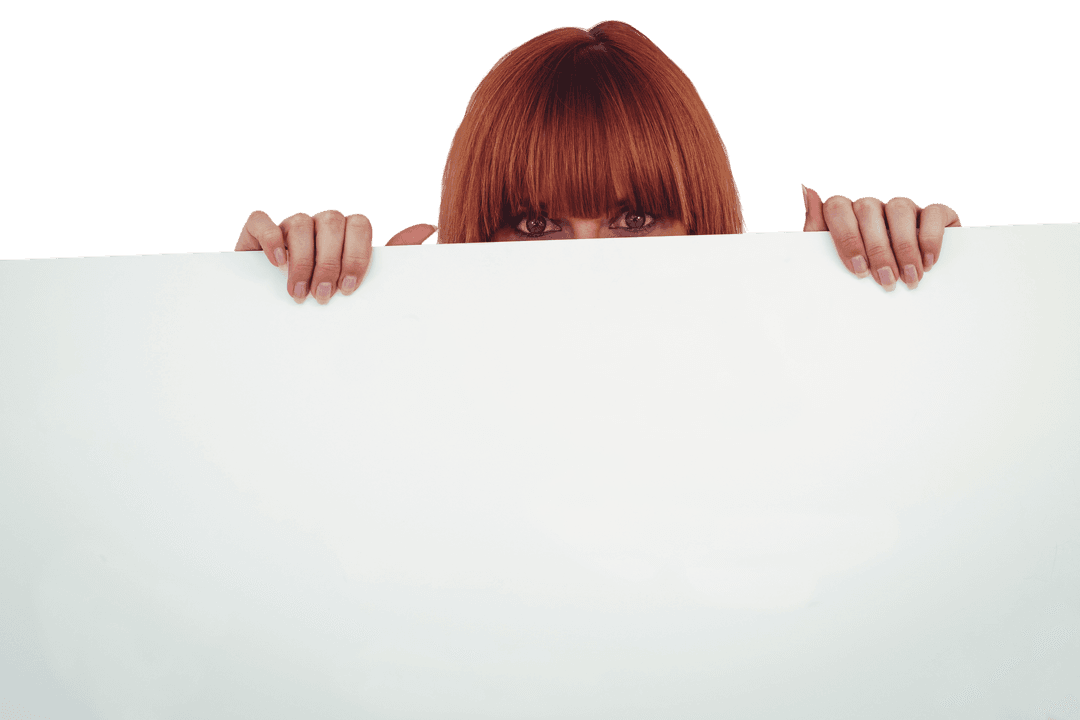 Redhead Woman Peeking Over Large White Transparent Card