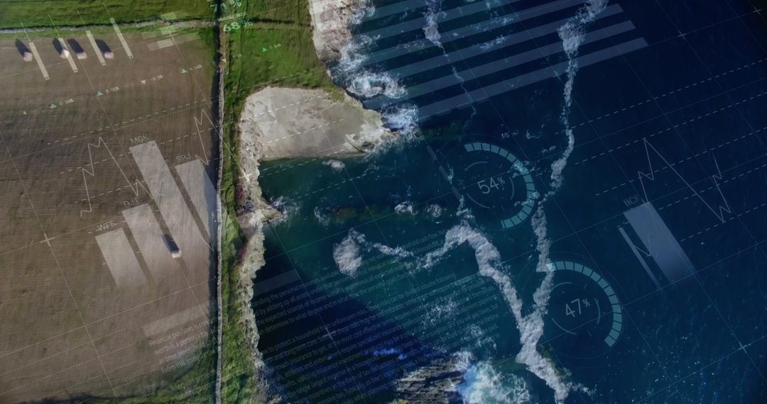 Digital Statistics Overlay on Aerial Coastline View