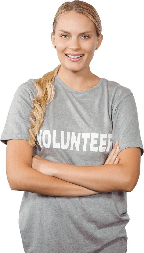 Smiling Volunteer Woman in Transparent Background with Arms Crossed