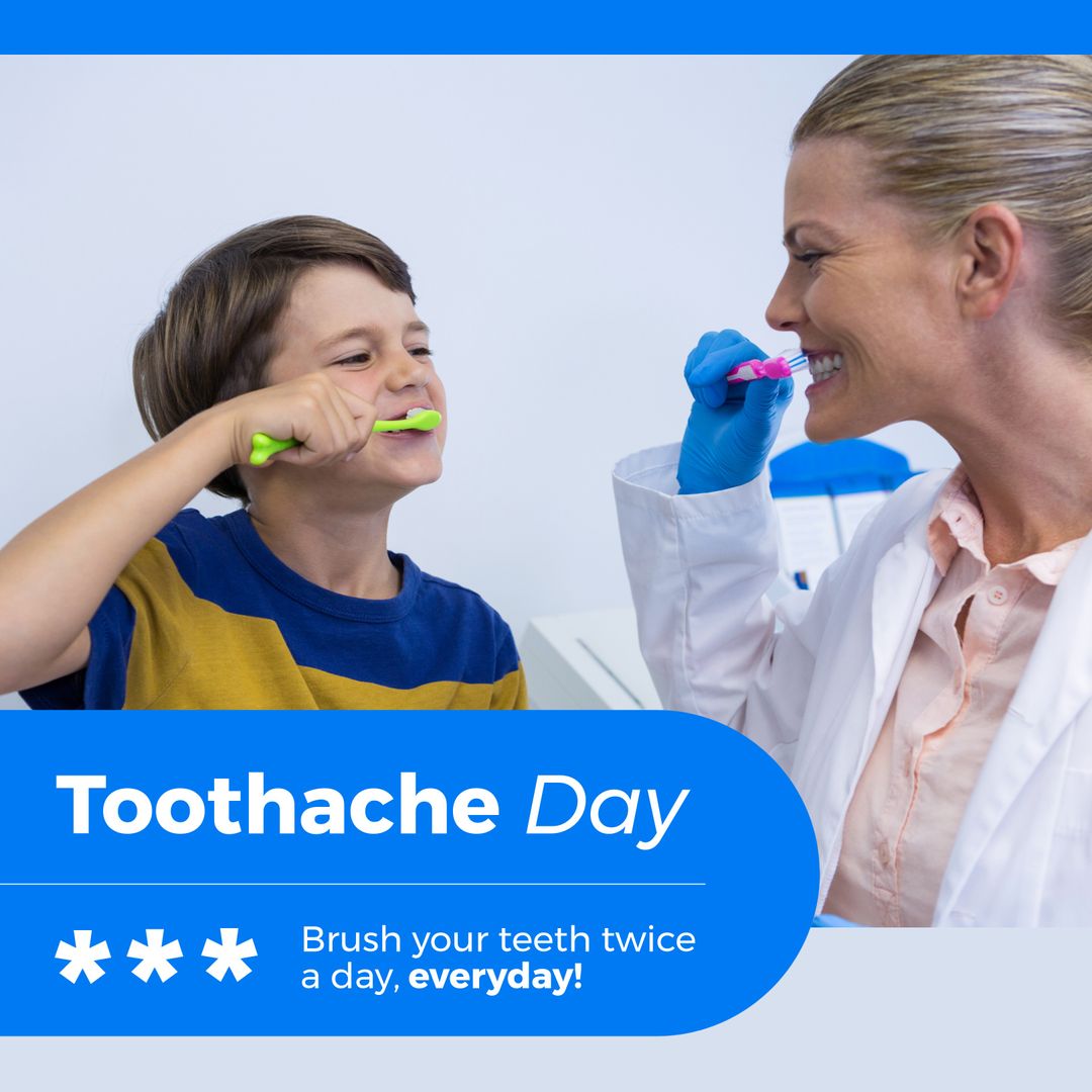 Child and Dentist Demonstrate Proper Brushing for Toothache Day