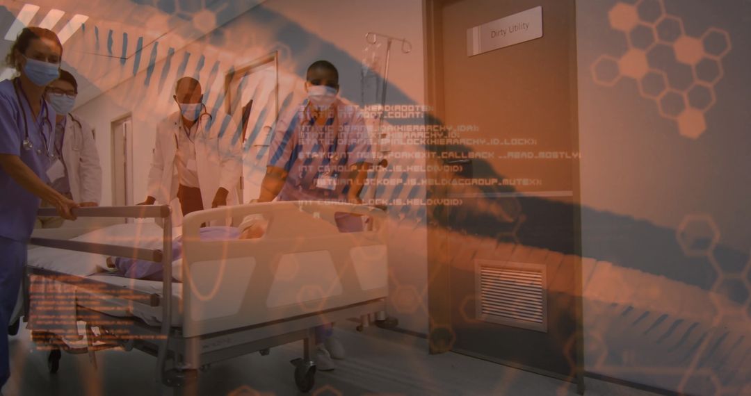 Healthcare Team Moving Gurney with Digital Overlays