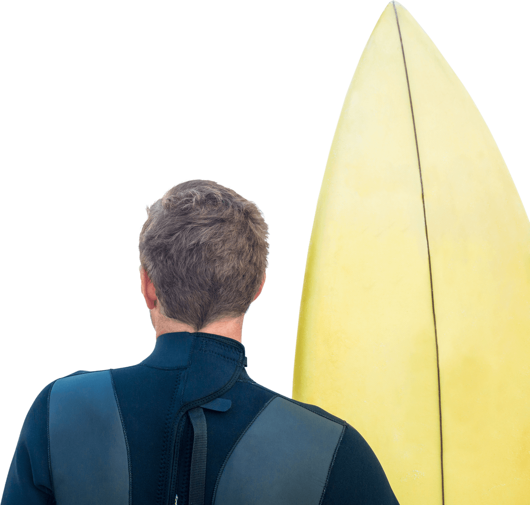 Caucasian Surfer with Yellow Board on Transparent Backdrop