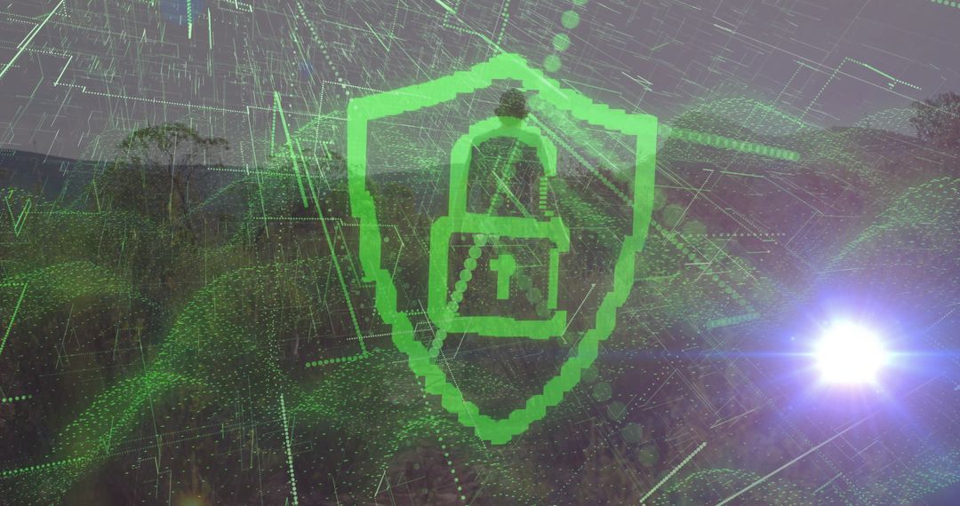 Futuristic Cybersecurity Shield on Digital Forest Landscape