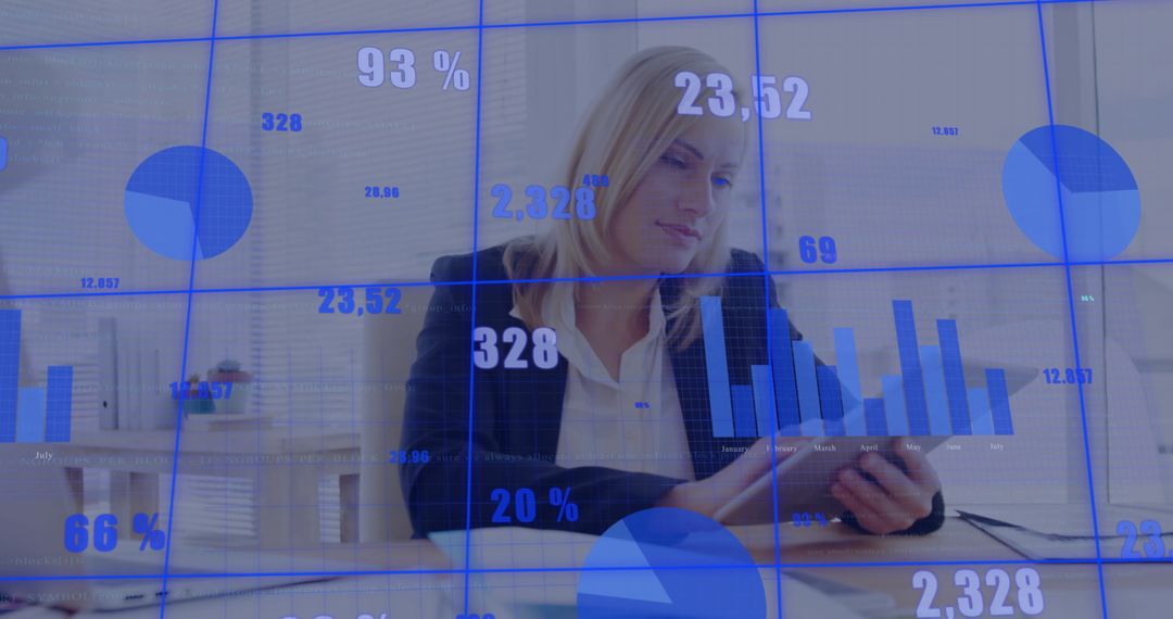 Businesswoman Analyzing Data on Tablet with Financial Graphs Overlay